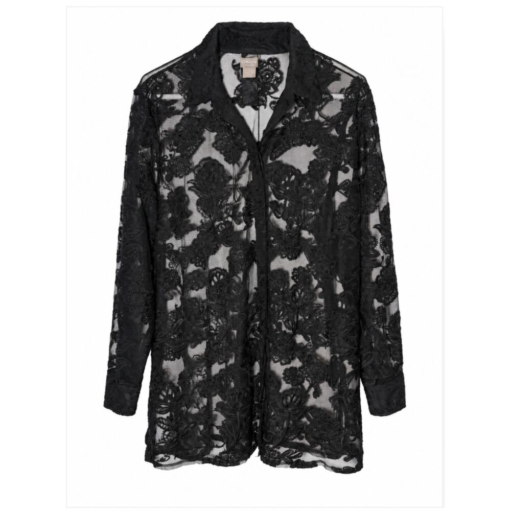 Chicos Black Floral Embroidered Sheer Mesh Whimsigoth Tunic Size 3 - XL